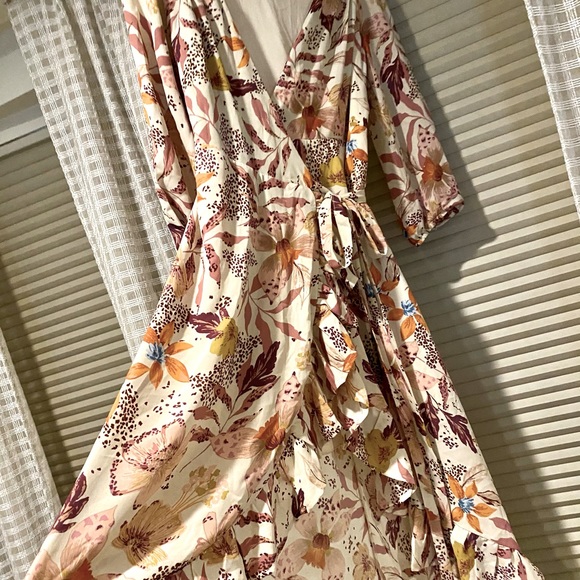 Floral Wrap Tie Midi Dress with Ruffles, Size S - Picture 3 of 4